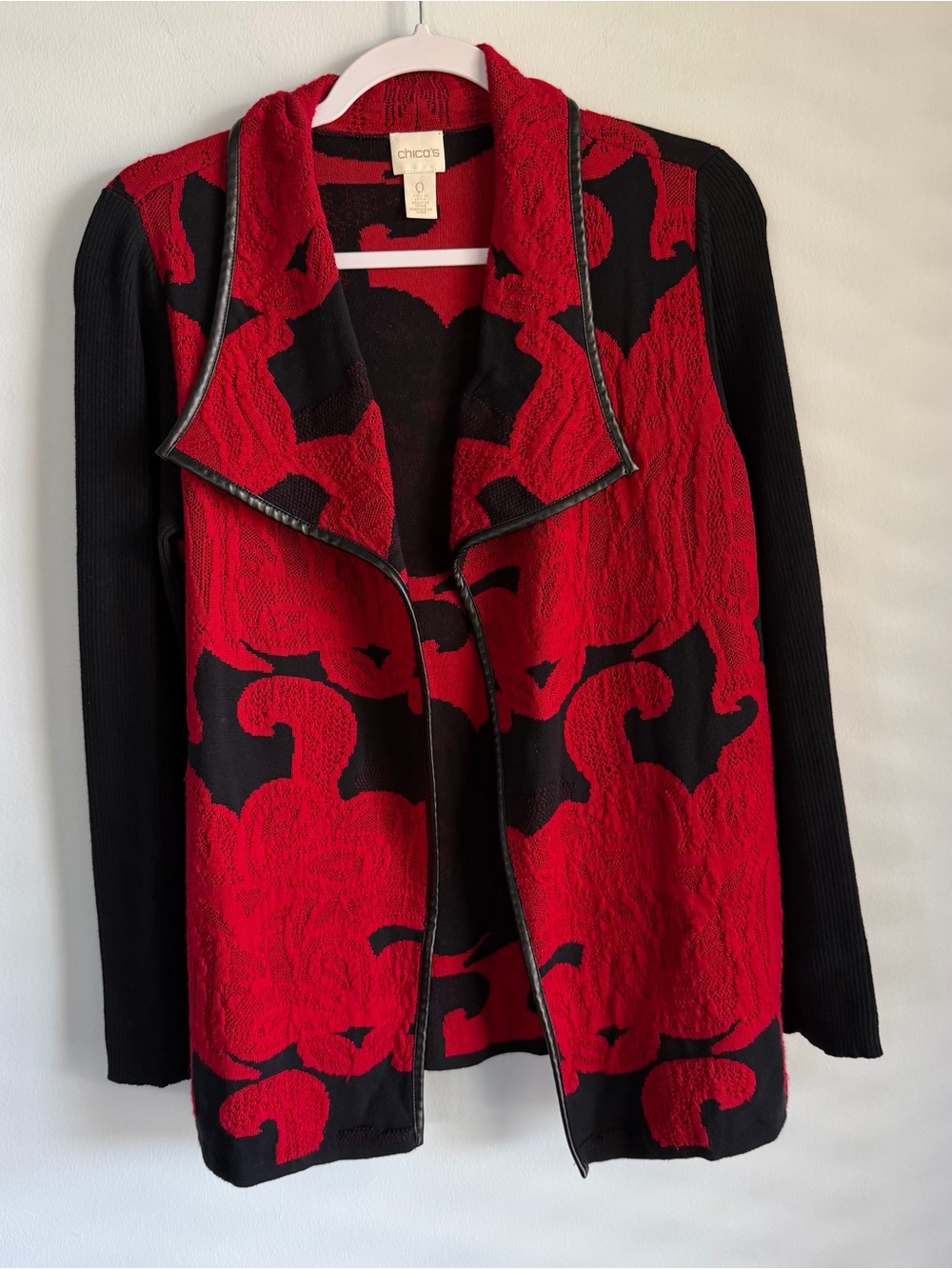 Chico's Gothic Red & Black Wool Blend Open Front Cardigan faux leather trim